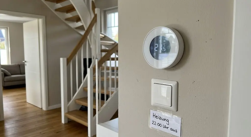 Montierter Smart-Home-Thermostat an der Wand, Teil der Daten- und Gebäudetechnik in Berlin